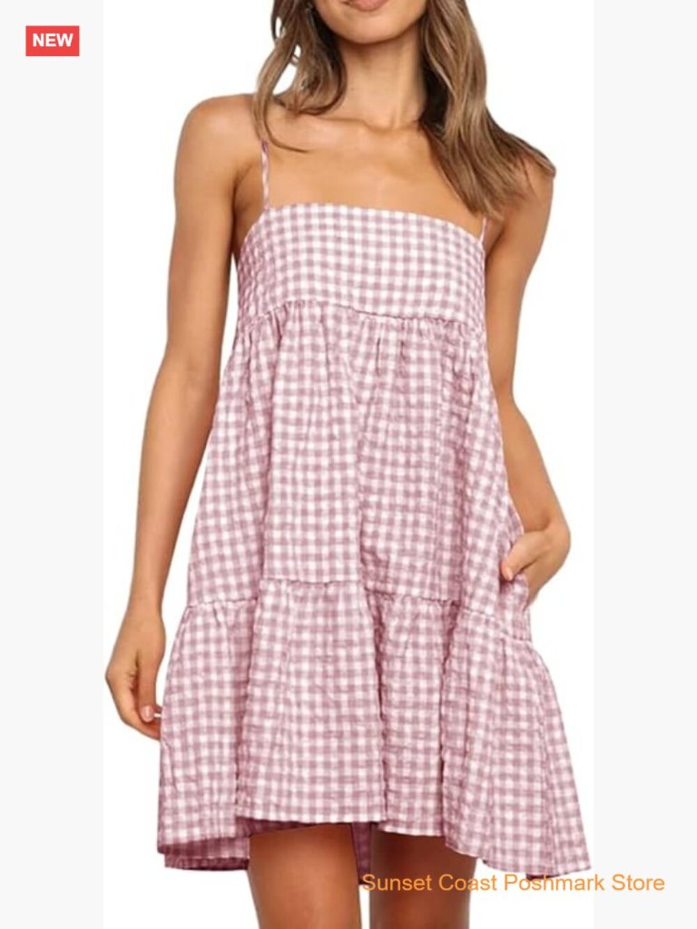 Women's Plaid Spaghetti Strap Mini Dress with Pockets
